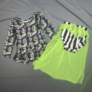Beetlejuice Outfit Peplum Girls 4T Green Black Stripe Tutu Halloween Cosplay Set - Picture 1 of 5