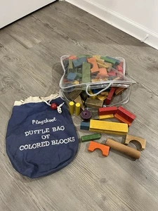 Vintage Toys Playskool Primary Color Wooden Blocks & Duffle Bag O’Blocks LOT - Picture 1 of 6