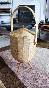 Nähkorb Nähkästchen 50er / 60er J Bast / Holz mid century vintage sewing box - Picture 1 of 1