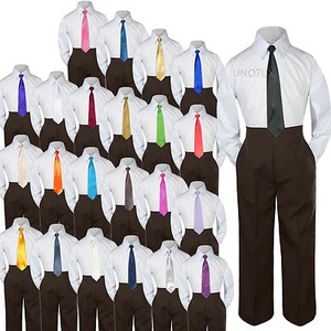 Baby Toddler Kid Boys Wedding Formal 3pc Set White Shirt BROWN PANTS Necktie S-7 - Picture 1 of 26