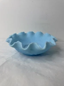 Vintage Fenton Persian Medallion Light Blue Satin Ruffled Decorative Candy Bowl - Picture 1 of 9