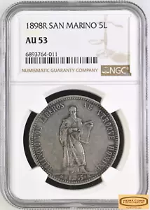 1898-R San Marino Silver 5 Lire, NGC AU53, Mintage of 18,000 coins-#B36280 - Picture 1 of 2