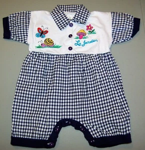 LE JARDIN SIZE 1 UNISEX INFANT ROMPER BLUE & WHITE CHECKS EMBROIDERY 100% COTTON - Picture 1 of 12