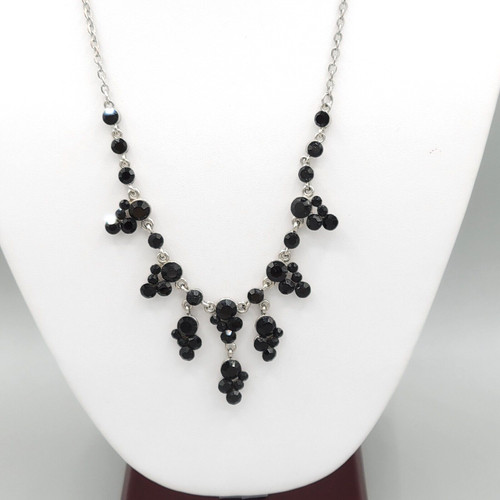 VETEMENTS Collana donna firmata BLV tono argento catena cavo perline sfaccettate nere 16 in