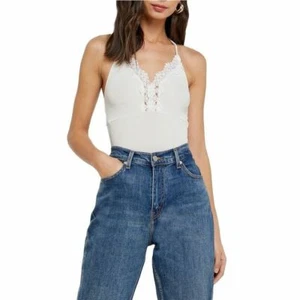 TOPSHOP Women's 4 White Lace Trim Strappy Rib Bodysuit - Picture 1 of 4