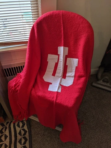 Vintage 1960s/70s Wool Blend Indiana University Logo Fringe Throw Blanket IU Red Cover