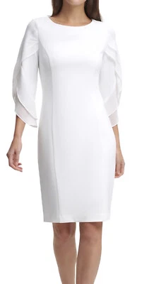 DKNY  CHIFFON DETAILS SOFT BELL SLEEVE SHEATH DRESS, WHITE/ CREAM , Size 12P NWT - Image 1 of 4
