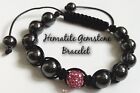 Black Hematite Gemstone Beads & Pink Sparkly Shamballa Macrame Beaded Bracelet