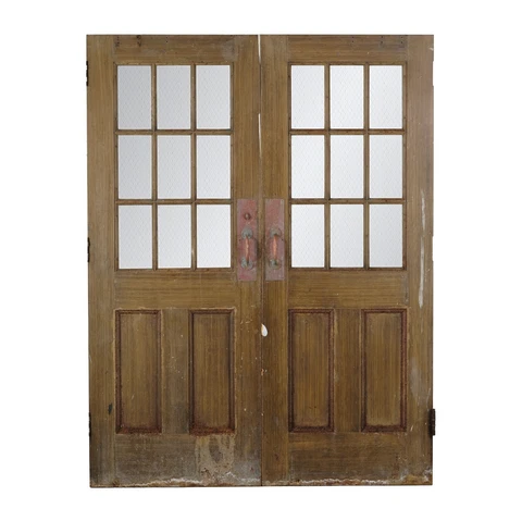 Vintage 9 Wire Lite 2 Pane Steel Commercial Double Doors 83.5 x 63.5 Cover