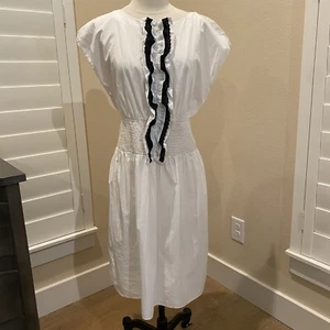 Prada White Poplin Surplice Smocked Waist Black Ruffle Dress Size IT 42- US 6 - Picture 1 of 12