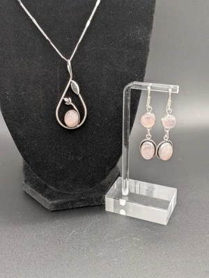 Sterling Silver Necklace and Pendant Set with Earrings Rose Quartz Gems Handmade - Image 1 of 3