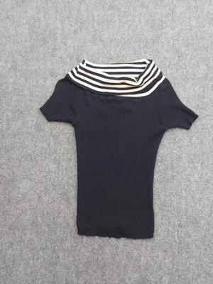 复古 Mondi Top 女式德国 40 美国 8 海军蓝条纹圆领羊毛毛衣罗纹 — 第 1/4 张图片