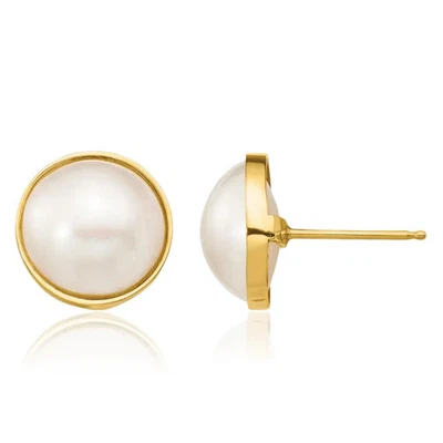 14K Solid Yellow Gold 10mm White Mabe Saltwater Cultured Pearl Stud Earrings - Image 1 of 4