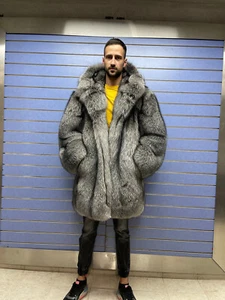 Luxury Full Skin Frost Fox Fur Mens Coat Real Fur Coat Skin To Skin Frost Hood - Picture 1 of 10