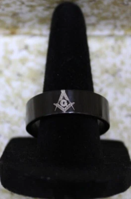 BLACK Stainless Steel Masonic Ring Men' Freemason 8mm Wide & Size 11 GO EAST - Image 1 of 4