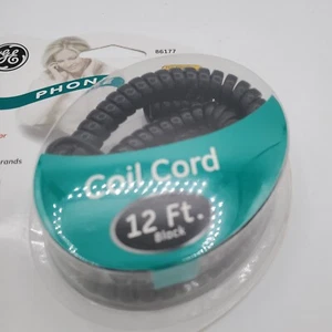 GE Coiled Handset Replacement Corded Phone Coil Cord 12FT Black - NEW - Zdjęcie 1 z 3