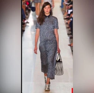 NWT STRAIGHT OFF THE RUNWAY! Tory Burch Blue/Light Beige Silk Knit collar Dress - Picture 1 of 5