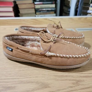 Clarks Moccasin Suede Slippers 10M Womens Slip On Fur Lined Cinnamon Brown - Picture 1 of 8