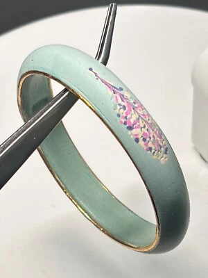 1960s Mint Green Enamel Bangle, 3 Floral Designs, Brass Core, Made in India. - Image 1 of 4