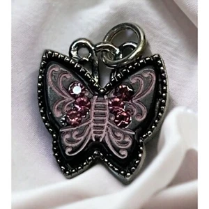 Vintage Mini Butterfly Pendant Charm Silver Tone Black Purple Rhinestones - Picture 1 of 6