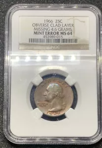 1966 25C OBVERSE CLAD LAYER MISSING 4.6 GRAMS MINT ERROR MS 64 - Picture 1 of 8