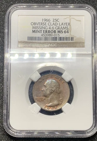 1966 25C OBVERSE CLAD LAYER MISSING 4.6 GRAMS MINT ERROR MS 64 Cover