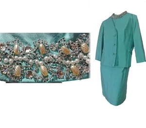Mod Vintage 1960s Sheath Dress & Jacket Beaded Silk Aqua Cocktail Suit Size L/XL - Picture 1 of 10