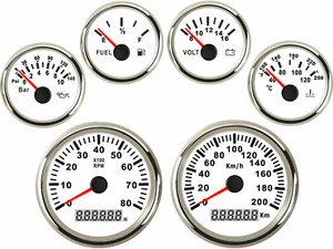 6 gauge set GPS 200km/h speedometer tachometer fuel volt oil pressure temp white - Foto 1 di 7