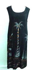 Vintage 80er Island Beach Damen tropische Palmen schwarz Midikleid 100 % Viskose Größe S/M - Bild 1 von 11