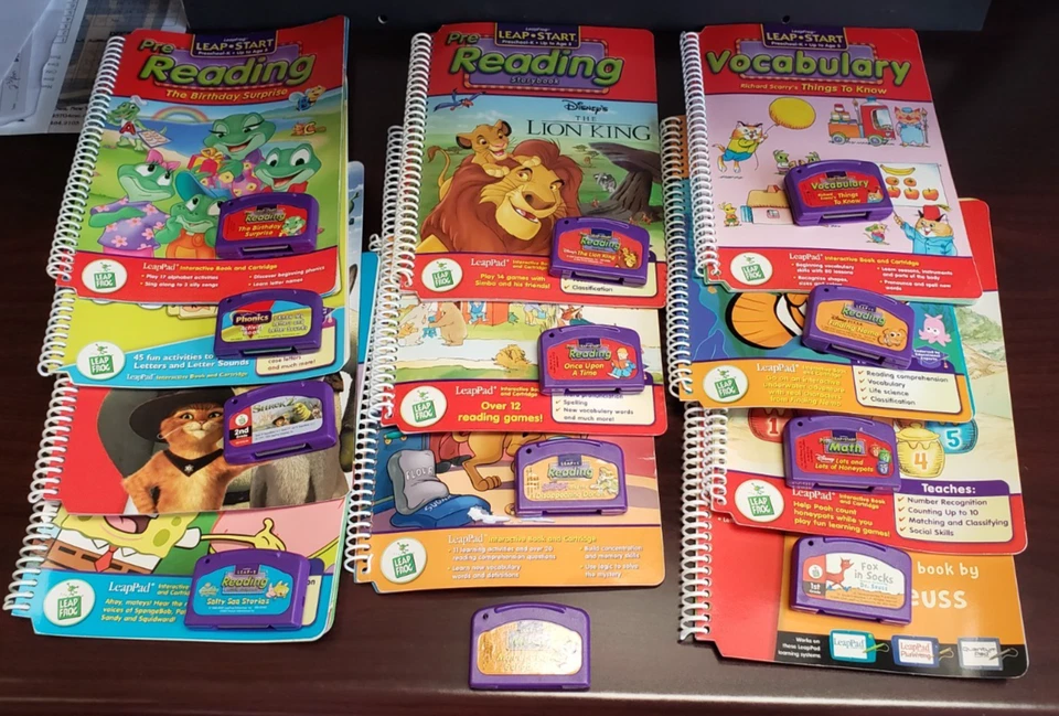 Lot Of 12 Leap Frog Leap Pad Cartridges with 11 Books Sponge Bob Shrek Lion King - Image 1 of 4
