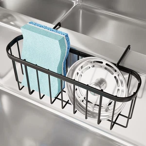 Compact Stainless Steel Kitchen Sink Sponge Holder with Partition, Black - Picture 1 of 12