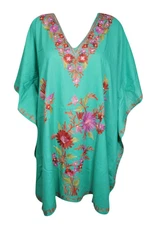  Women Green Caftan Hand Embroidered Casual Loose Kimono Cover Up Beach Dress 3X
