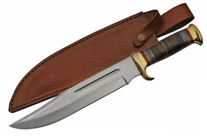 17" Big Bad Bowie Knife Stainless Steel Blade Leather Stacked Handle - Picture 1 of 4