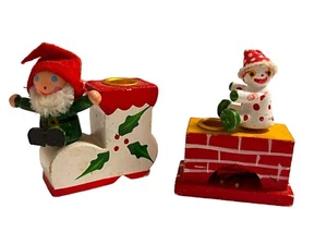 Vintage Christmas Elf Pipe cleaner candle holders Wood Figures Boot fireplace - Imagen 1 de 6