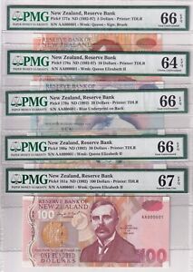 1992-97 New Zealand 5/10/20/50/100 Dollars P-177a~181a PMG 64-67 EPQ Sup Gem UNC