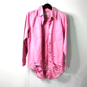 American Bazi VTG Women S Distressed Pink Button Up Long Sleeve Denim Jacket NWT - Picture 1 of 7