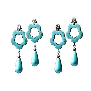 Earrings Turquoise Boho flower drop, choose clip on or pierced - Picture 1 of 4