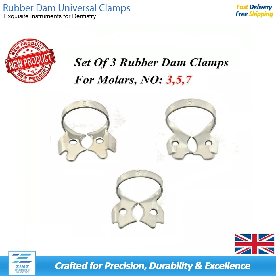 MEDENTRA UK set Of 3 Rubber Dam Clams For Molars Dental Endodontic Restorative Placement New