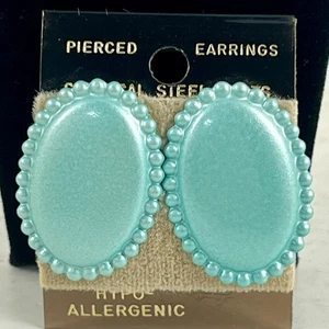 Vintage Light Teal Pierced Earrings With Beaded Border 1.25”L - Picture 1 of 4
