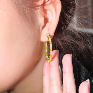 2Ct Created Sapphire & Diamond 14K Yellow Gold Plated Double Sided Hoop Earrings - Picture 1 of 3