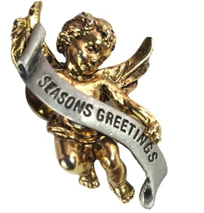 Seasons Greetings Angel Cherub Pin Two Tone Gold and Silver - Picture 1 of 5
