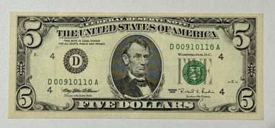 Series 1995 Old $5 Dollar Bill ~ CLEVELAND OHIO ~ Serial # D 00910110 A - Image 1 of 2