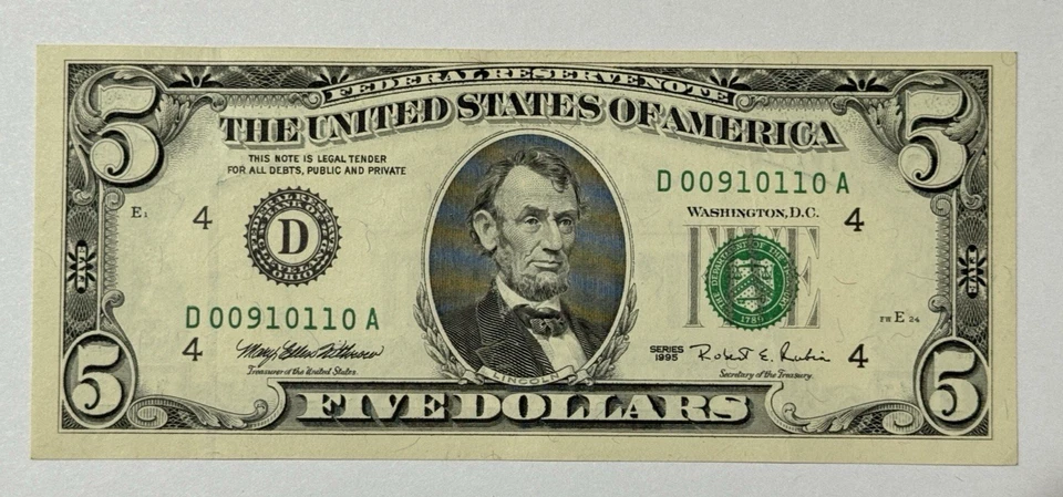 Series 1995 Old $5 Dollar Bill ~ CLEVELAND OHIO ~ Serial # D 00910110 A - Image 1 of 2