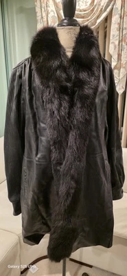 Tibor Leather Long Coat Size L Womens Black W/Fur Accents  - Image 1 of 4