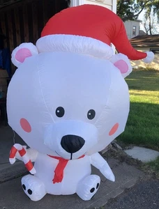 Animated Bear, Santa Hat w/ Candy Cane In Hand - 6’ Airblown Inflatable - Gemmy - Picture 1 of 6