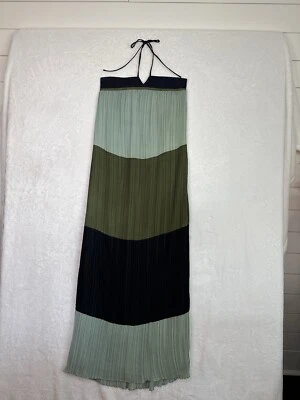 Derek Lam 10 Crosby Size 2 Tie Neck Long Dress Accordion Pleats Green Navy - Image 1 of 4