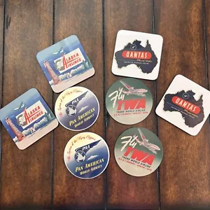 Set di 8 sottobicchieri aerei di linea vintage, TWA, Pan American, Alaska Airlines, Quantas - Foto 1 di 11