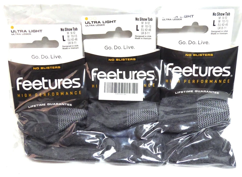3 Pairs Feetures High Performance Ultra Light, No Show Tab, Gray, Large - Image 1 of 1