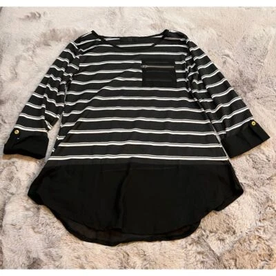 Ashley Blue Black White Striped Tunic Top with Zipper Pocket Roll-Tab Sleeves L - Image 1 of 4