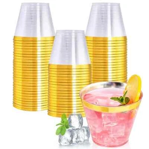 60 PCS Gold Plastic Cups,9 oz Clear Plastic Cups with Gold Trim, Heavy-Duty D... - Picture 1 of 7